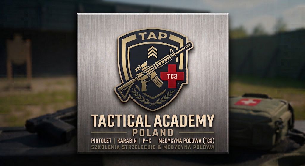 Wizual Tactical Academy Poland: metalowa tablica z emblematem szkoleń strzeleckich i medycyny polowej